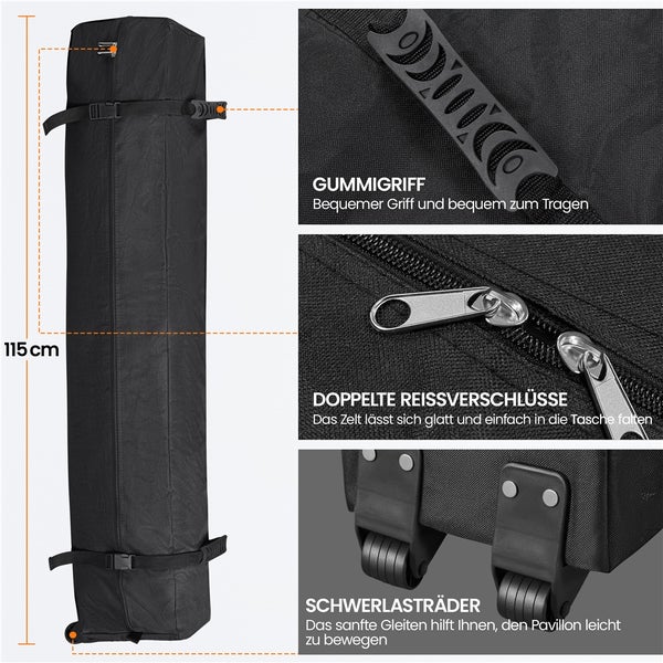 Schwarze Tragetasche mit Gummigriff, doppelten Reißverschlüssen, Schwerlasträdern und einer Länge von 115 cm.