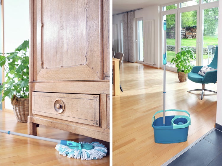 Leifheit Set Clean Twist Disc Mop Ergo 2.0 mit Rollwagen, Bodenwischer mit Mikrofaser Bezug für nebelfeuchte Reinigung auf Fliesen und Laminat, Wischmopp mit Click-System und Schleudertechnologie