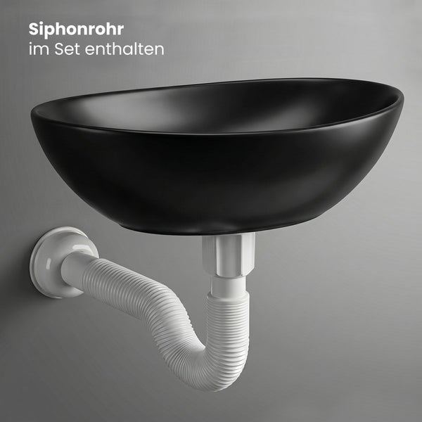 Schwarzes Aufsatzwaschbecken in Schalenform mit weißem, flexiblem Siphonrohr im Set enthalten.