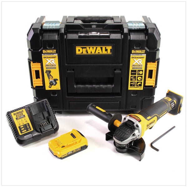 DeWALT Akkumulator-Winkelschleifer-Set mit Akkumulator, Ladegerät, Zusatzhandgriff, Montageschlüssel und Transportkoffer.