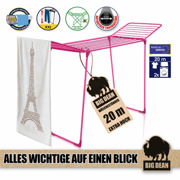 Big Dean Wäscherständer mit 20 Meter Trockenlänge und extra hoher Bauweise für große Wäschestücke mit rutschfesten Stäben.