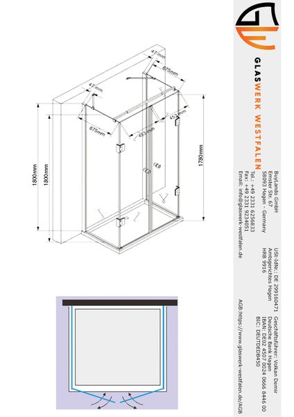 Technische Zeichnung einer Duschkabine mit Maßangaben