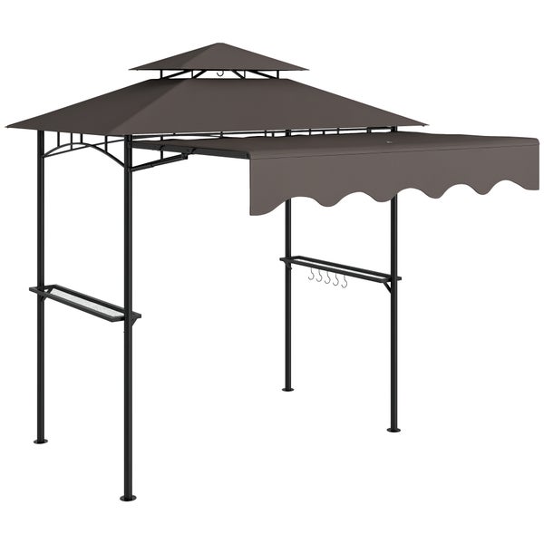 Grillpavillon aus Metall mit Doppeldach, zwei Seitenablagen, Hakenleiste und einer ausziehbaren Markise.