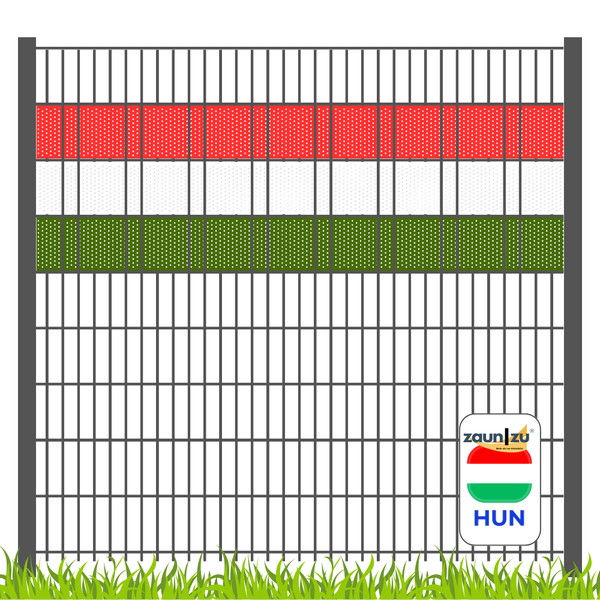 Zaun mit Sichtschutzstreifen in den Farben der ungarischen Flagge und Zaun zu Logo