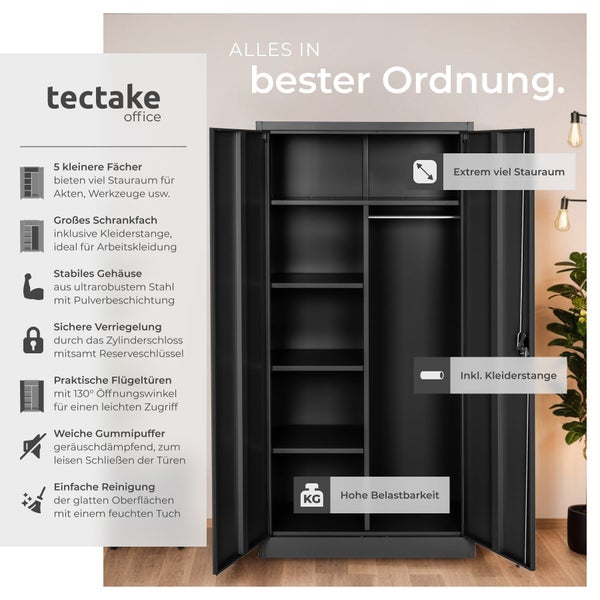 Geöffneter tectake Büroschrank aus Stahl mit Fachböden und Kleiderstange