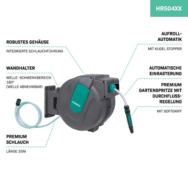 VONROC Schlauchtrommel Gartenschlauch als Schlauchaufroller 35 Meter - Wasserschlauch 180 drehbar als Schlauchbox inkl. Schlauchhalter Wand & Einzugautomatik - Grün