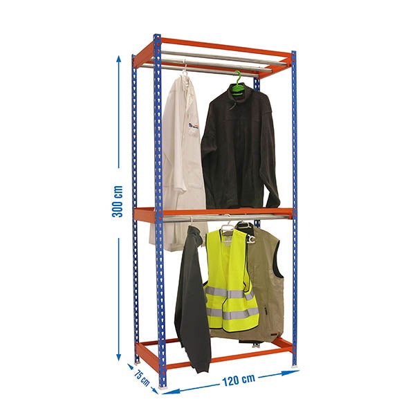 PROREGAL Kleiderstangenregal Metal Doppel HxBxT 300 x 120 x 75 cm Blau/Orange Kleiderständer Garderobe Klamottenregal Stangenregal Regal