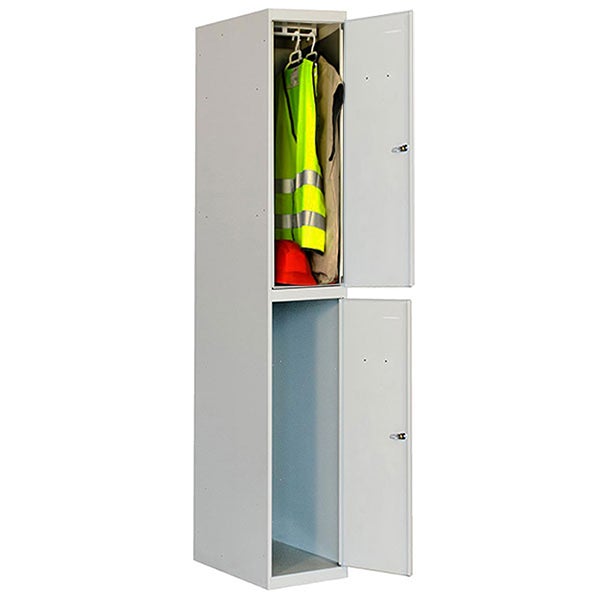 PROREGAL Spind Amego 2 Abteile HxBxT 180 x 30 x 50 cm Abteilbreite 30 cm Unterteilt Feuerfeste Beschichtung Lichtgrau Metallspind Kleiderspind