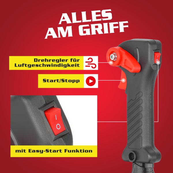 Detailansicht des Griffs eines Gartengeräts mit Drehregler für die Luftgeschwindigkeit und Start/Stopp Funktion