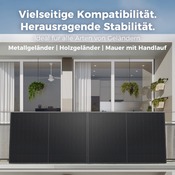 Schwarze Solarmodule an einem Balkongeländer vor einer Glasfront. Text zu Kompatibilität für Metall, Holz und Mauern mit Handlauf.