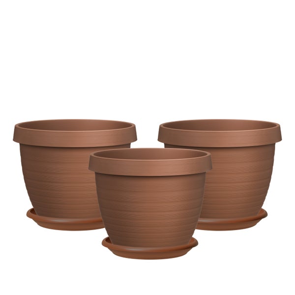 Scheurich 3er Set Blumentöpfe Country Star 40 mit Untersetzern, rund,  aus Kunststoff Farbe: Terracotta, 39 cm Durchmesser, 30 cm hoch, 21,5 l Vol.