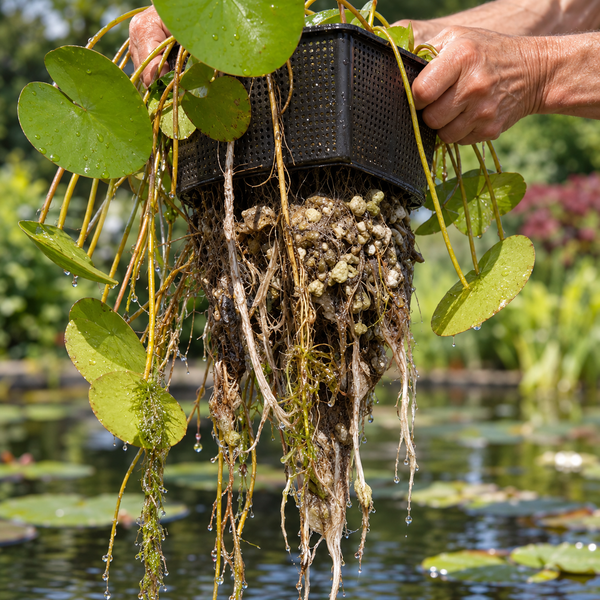 Hände halten einen Teichpflanzenkorb mit einer Seerose und freiliegenden Wurzeln über einem Gartenteich