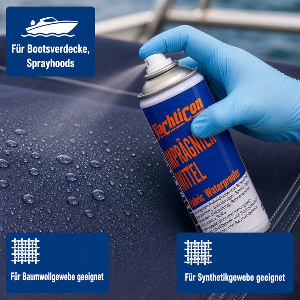 Yachticon Imprägniermittel Spray für Bootsverdecke und Stoffe, wasserabweisend für Baumwolle und Synthetik.