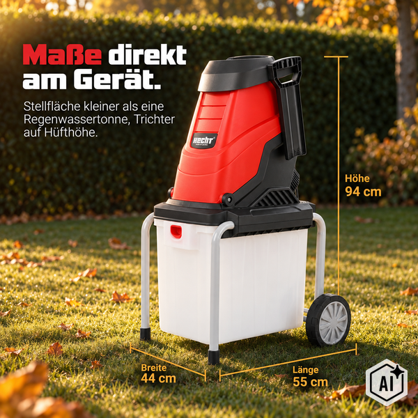 Hecht Gartenhäcksler mit Auffangbehälter, 94 Zentimeter Höhe, 44 Zentimeter Breite und 55 Zentimeter Länge mit Maßangaben im Garten.