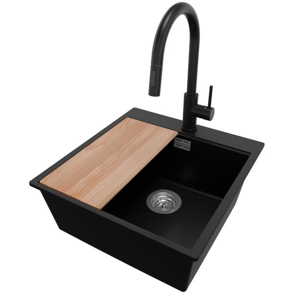Schwarzes Küchenspülbecken mit Schneidebrett und Armatur