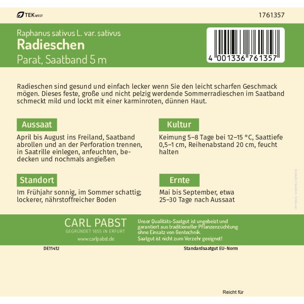 Radieschen Saatband 5 m Parat Samen von Pabst Keimkraft