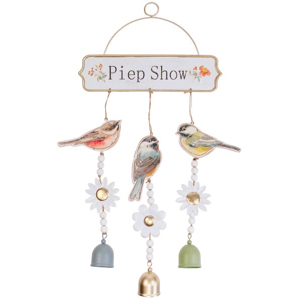 Dekoratives Windspiel mit Vogelmotiven, Glocken und dem Schriftzug 'Piep Show'