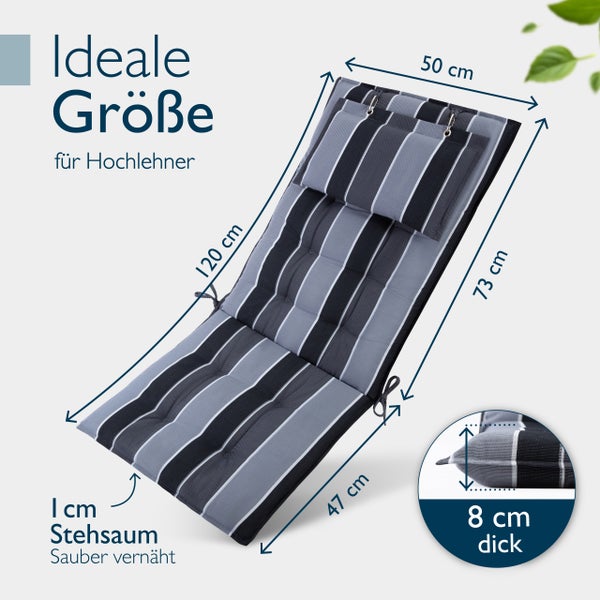 Gestreifte Hochlehner Auflage mit den Maßen 50, 120 und 47 Zentimeter sowie einer Dicke von 8 Zentimetern