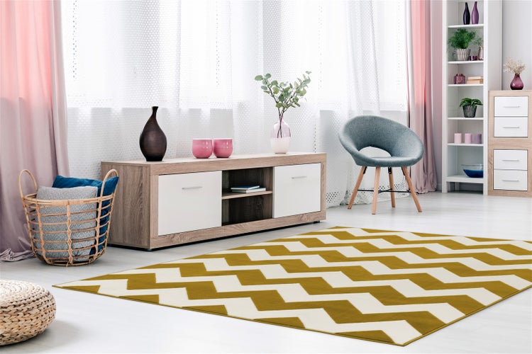 Wohnzimmer mit einem rechteckigen Teppich mit Zickzackmuster, einem Lowboard, einem Sessel, einem Regal und Dekorationsartikeln.