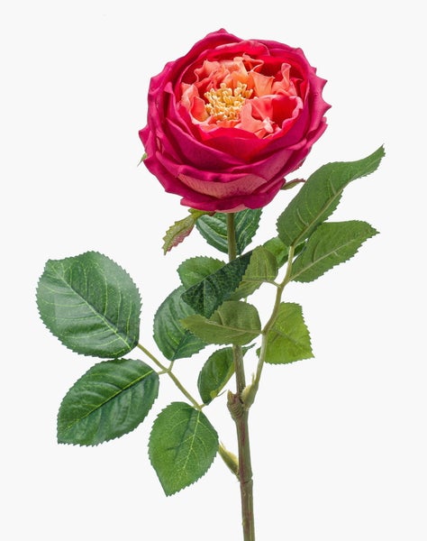 Künstliche Rose in Pink mit gelber Mitte und grünem Stiel mit Blättern.