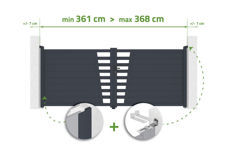 Zweiflügeliges Tor mit Maßen von mindestens 361 Zentimeter bis maximal 368 Zentimeter, inklusive Montagedetails und Verstellbereich.