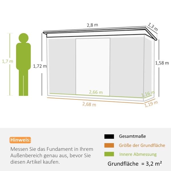 Outsunny Gerätehaus, Geräteschuppen mit Schiebetür, Lüftungsfenster, Pultdach, Outdoor, 280 x 130 x 172 cm, Stahl, Dunkelgrün