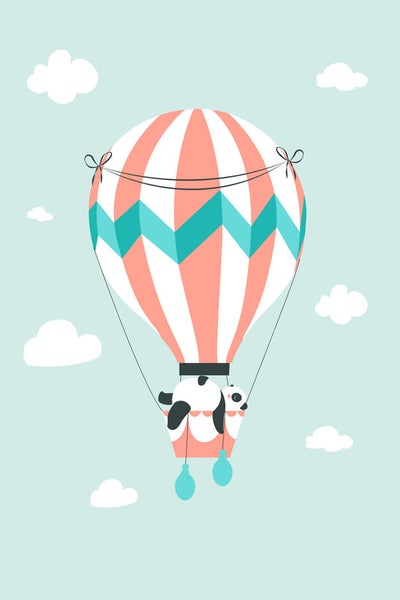 Illustration eines Heißluftballons mit Panda-Motiv vor hellem Hintergrund.