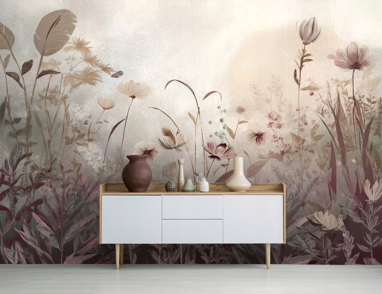 Wandgestaltung mit Blumenmuster und Kommode mit Vasen