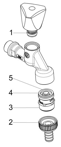 Explosionszeichnung eines Auslaufventils mit nummerierten Einzelteilen wie Dreikantgriff, Schlauchverschraubung und Rückflussverhinderer.