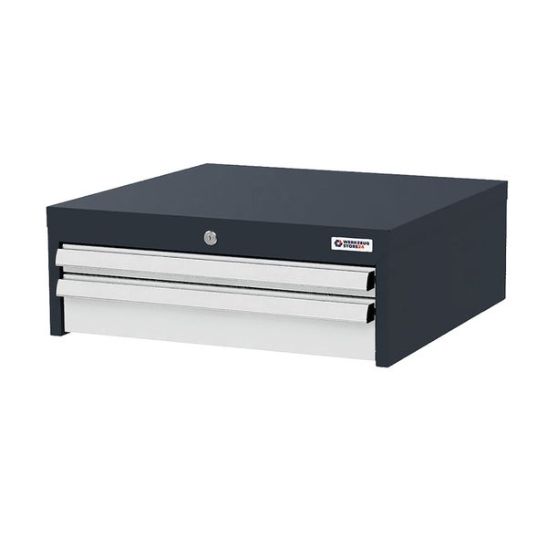 Werkzeug-Schubladenschrank aus Metall in Anthrazit und Silber mit zwei Schubladen, Schloss und Werkzeug Store24 Logo.