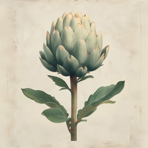 Gemälde einer Artischocke mit Stiel und Blättern