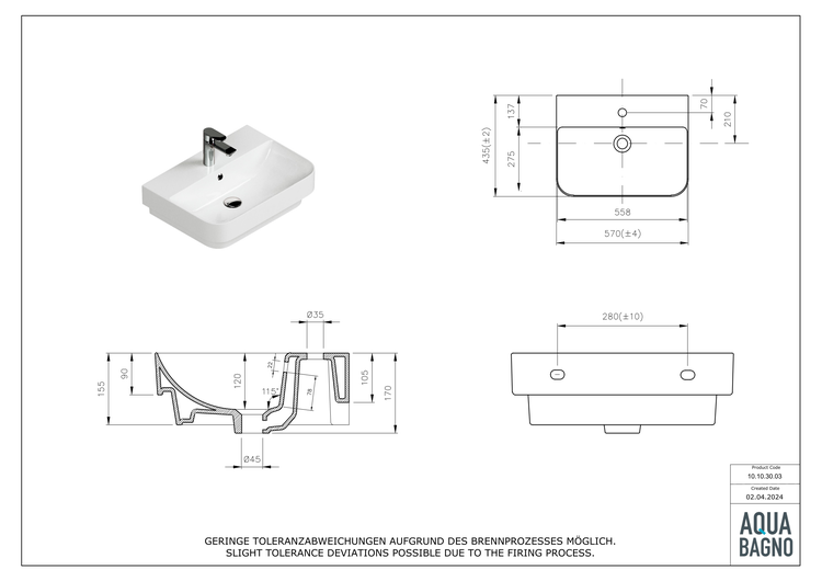Aqua Bagno Sotta Waschbecken 10.10.30.03 – 57 x 43,5 cm – Weiß Hochglanz – Keramikbecken mit Hahnloch & Überlauf
