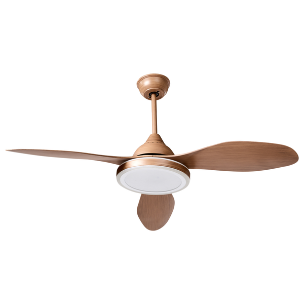 Moderner Deckenventilator in Holzoptik mit drei Flügeln und integrierter runder LED-Beleuchtung.