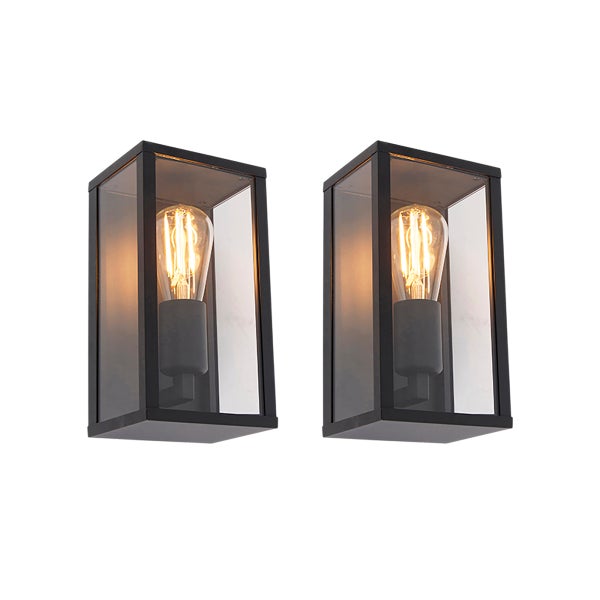 Zwei rechteckige Außenwandleuchten mit schwarzem Metallrahmen, Klarglas und sichtbarem LED-Filament-Leuchtmittel.