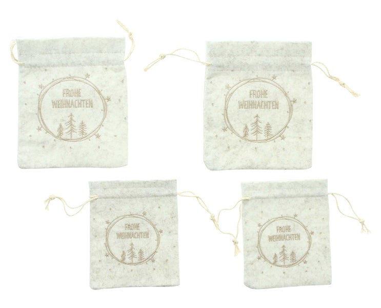 FRANK FLECHTWAREN | Geschenkbeutel Frohe Weihnachten, 4er Set, 11 x 13 cm, 14 x 17 cm, POLYESTER, BAUMWOLLE