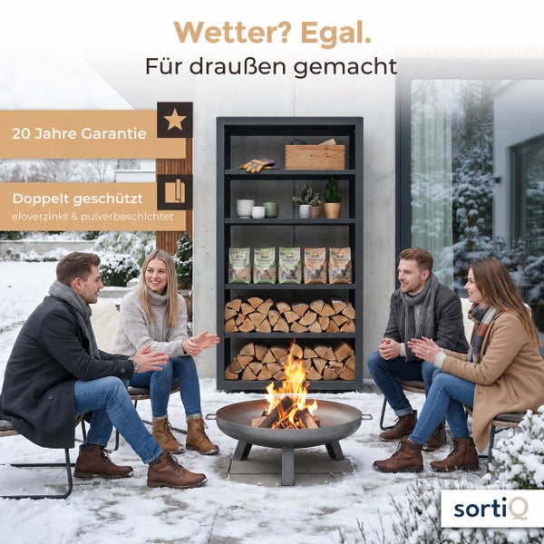 Vier Personen sitzen auf einer Terrasse vor einem Metallregal mit Brennholz und einer Feuerschale im Schnee bei winterlichen Temperaturen.