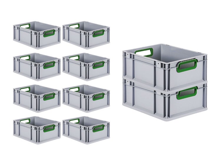 PROREGAL Spar Set 10x Eurobox Nextgen Color HxBxT 17 x 30 x 40 cm 16 Liter Griffe Grün Offen Glatter Boden Eurobehälter Transportbox