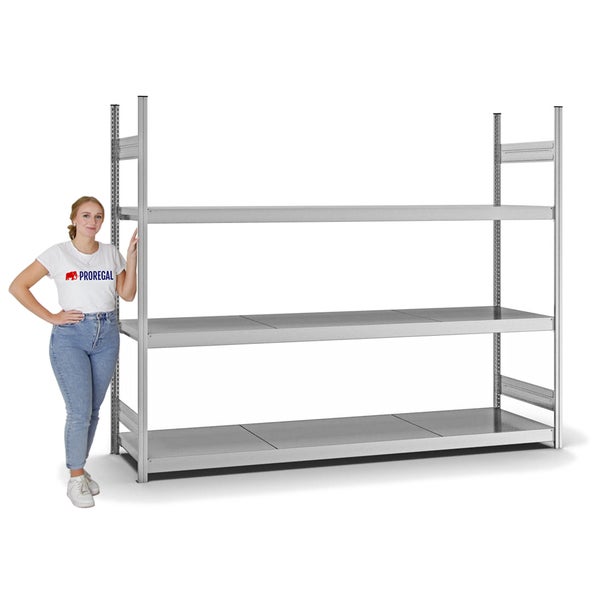 PROREGAL Weitspannregal Stecksystem T-Profil Grundregal HxBxT 200x250x60 cm 3 Ebenen Stahlplatten Fachboden Fachlast 350 kg Verzinkt