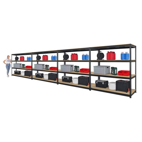 PROREGAL Mega Deal 4x Profi Schwerlastregal Bison HxBxT 200 x 200 x 60 cm 4 Fachböden Fachlast 600 kg Schwarz