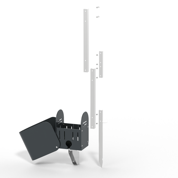 Offener, grauer Mülleimer mit Montagepfosten zur Befestigung im Boden