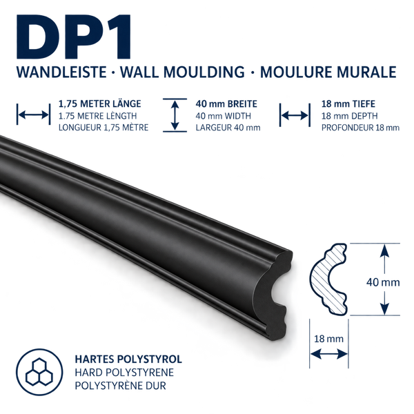 Wandleiste DP1 aus hartem Polystyrol, Länge 1,75 Meter, Breite 40 Millimeter, Tiefe 18 Millimeter zur dekorativen Wandgestaltung.