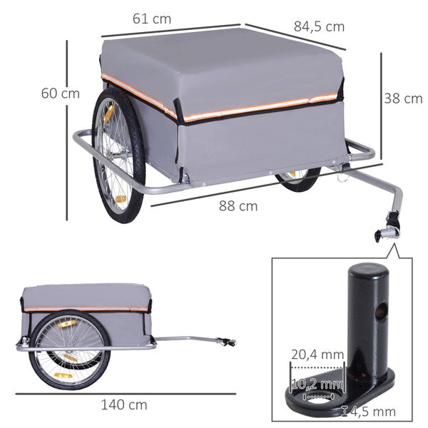 HOMCOM Lasten-Fahrradanhänger, Transportanhänger, 140L x 88B x 60H cm, 600D Oxford, Stahlrohr, Grau