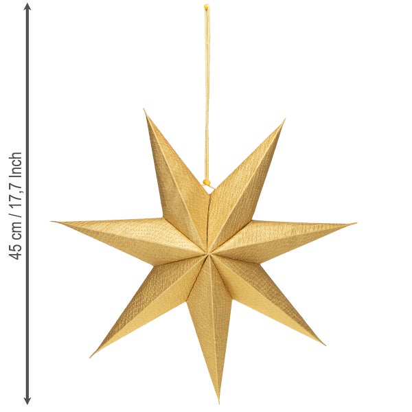 Goldener Papierstern mit Aufhängung und einer Größe von 45 Zentimetern.