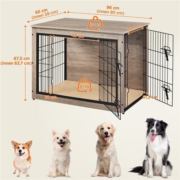 Hundebox mit Maßen und Gewichtsangaben, geeignet für verschiedene Hunderassen