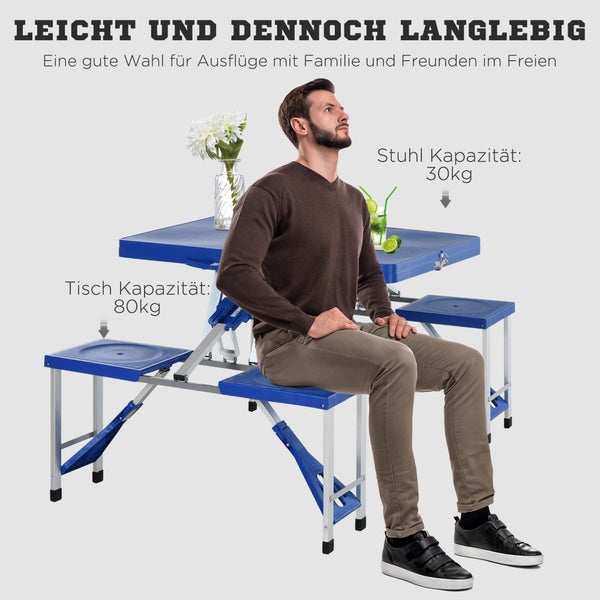 Outsunny Alu Campingtisch, Picknick Bank, mit 4 Sitzen, klappbar, 135,5 x 84,5x 66 cm, Aluminum, Kunststoff, Blau
