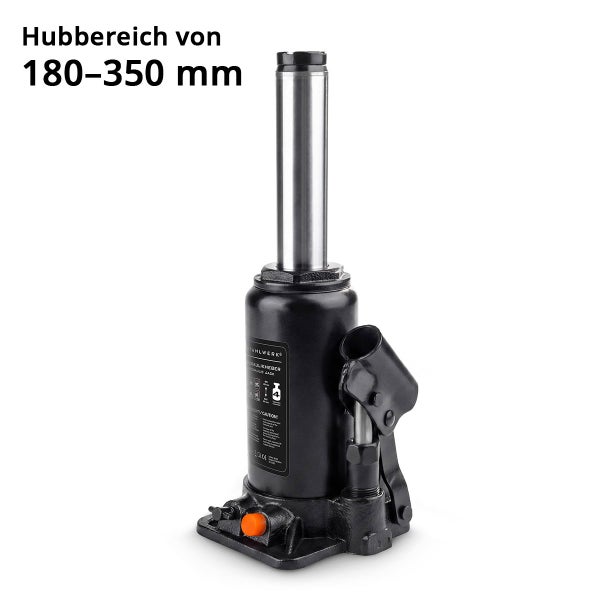 Hydraulischer Stempelwagenheber aus schwarzem Stahl mit silbernem Kolben und einem Hubbereich von 180 bis 350 Millimeter.