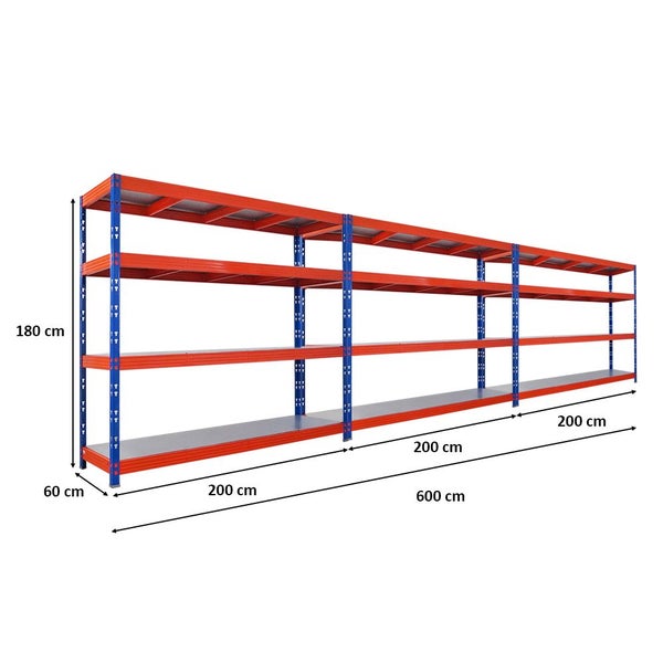 Lagerregal mit den Maßen 180 cm Höhe, 60 cm Tiefe und 600 cm Länge