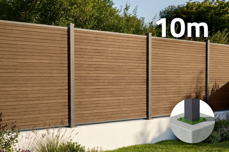 WPC Sichtschutzzaun Set mit 10 Meter Gesamtlänge inklusive Pfosten und Bodenbefestigung für die Gartenbegrenzung.