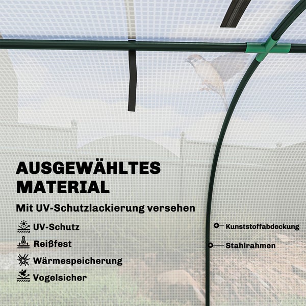 Detailansicht eines Gewächshauses mit UV-beständiger Kunststoffabdeckung und stabilem Stahlrahmen sowie Hinweisen zu den Produkteigenschaften.