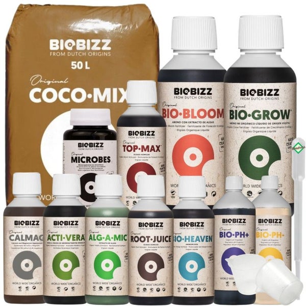 BioBizz Coco Mix Set Big XL – 50L Kokos-Substrat + Bio Grow & Bloom (je 500 ml) + Alg-A-Mic, Top-Max, Root Juice, Acti Vera, Heaven & mehr – Komplettset für kräftiges Wachstum & Blüte inkl. Pipette